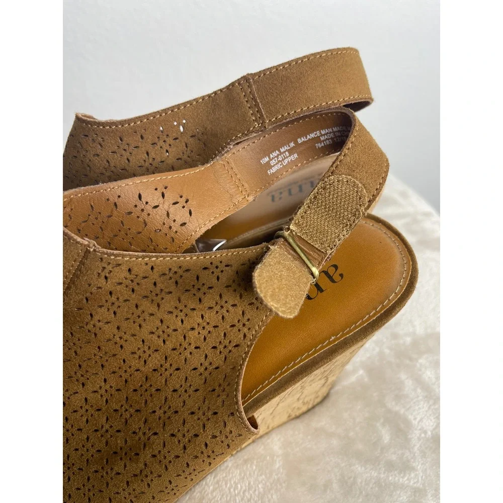 A.N.A. Malik Women Brown Laser Cut Wedge Sandals Cork Heel Slingback Size 10M